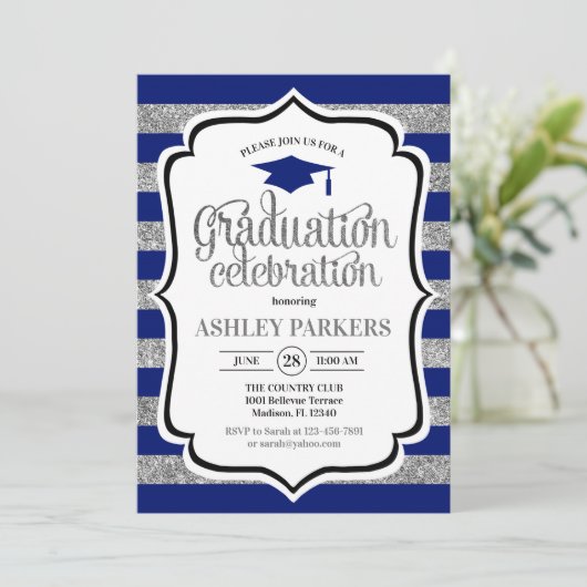 Afstuderen - Navy Blue Silver Stripes Kaart (Staand voorkant)