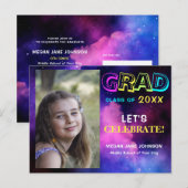 Afstuderen neon glow afstudeerder foto uitnodiging briefkaart (Voorkant / Achterkant)