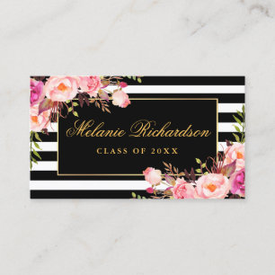 Afstuderen Networking Gold Pink Floral Striped Visitekaartje