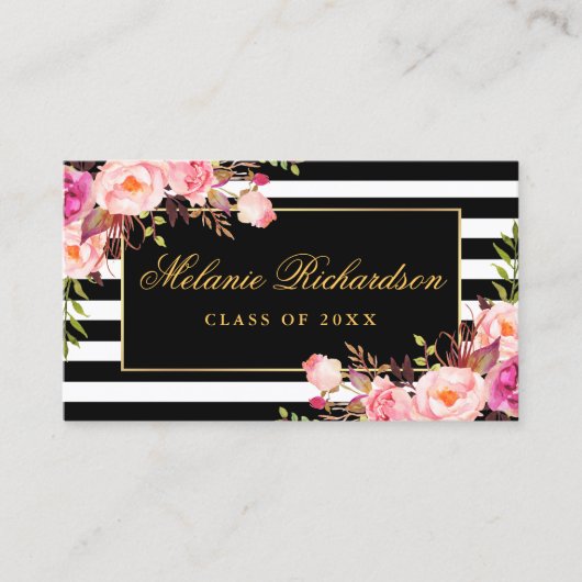 Afstuderen Networking Gold Pink Floral Striped Visitekaartje (Voorkant)