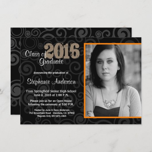 Afstuderen Open Huis Retro Swirls Sinaasappel Invi Kaart (Voorkant / Achterkant)