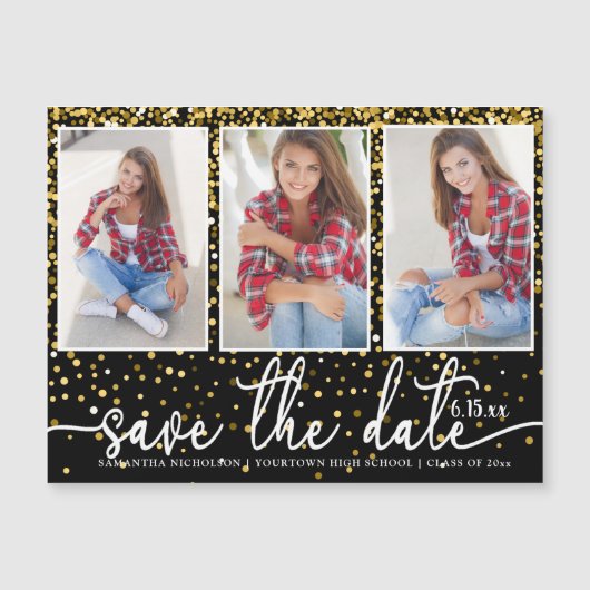 Afstuderen Opslaan Datum 3 Foto Gold Glitter Black Magnetische Uitnodiging (Voorkant)
