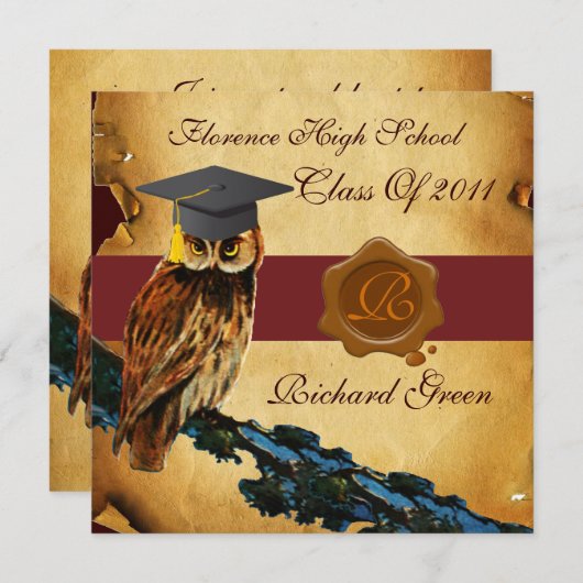AFSTUDEREN OWL PARCHMENT BROWN WAX SEAL MONOGRAM KAART (Voorkant / Achterkant)