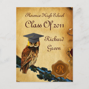 AFSTUDEREN OWL PARCHMENT BROWN WAX SEAL MONOGRAM UITNODIGING BRIEFKAART