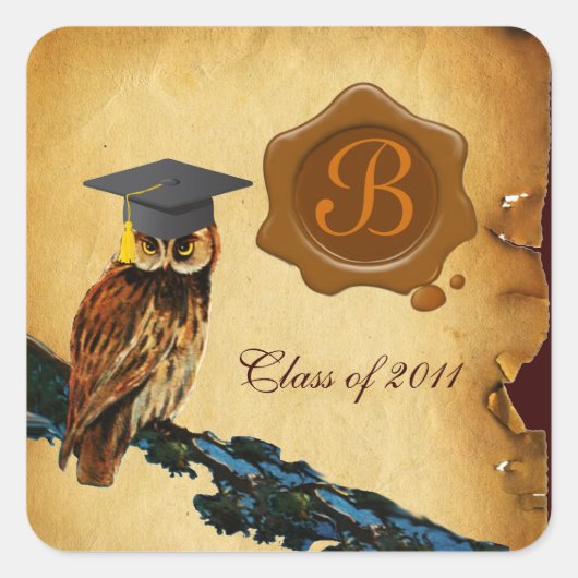 AFSTUDEREN OWL PARCHMENT BROWN WAX SEAL MONOGRAM VIERKANTE STICKER (Voorkant)