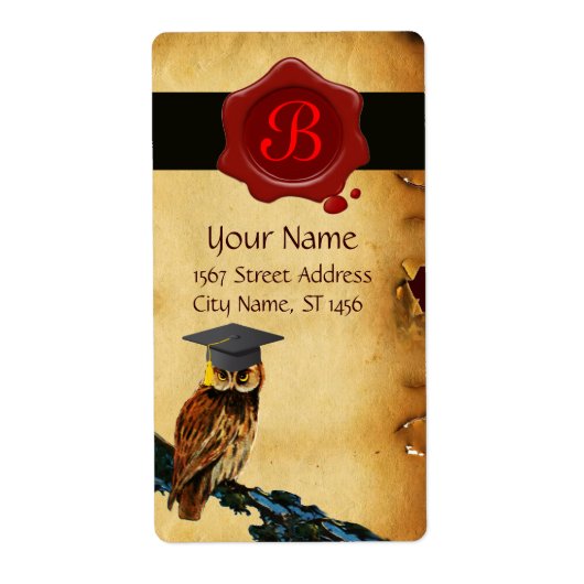 AFSTUDEREN OWL PARCHMENT EN RODE WAX SEAL MONOGRAM ETIKET (Voorkant)