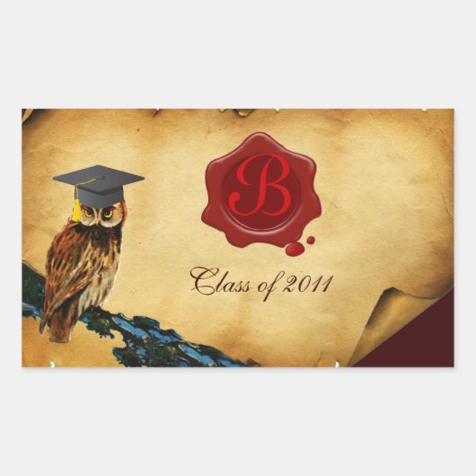 AFSTUDEREN OWL PARCHMENT EN RODE WAX SEAL MONOGRAM RECHTHOEKIGE STICKER (Voorkant)