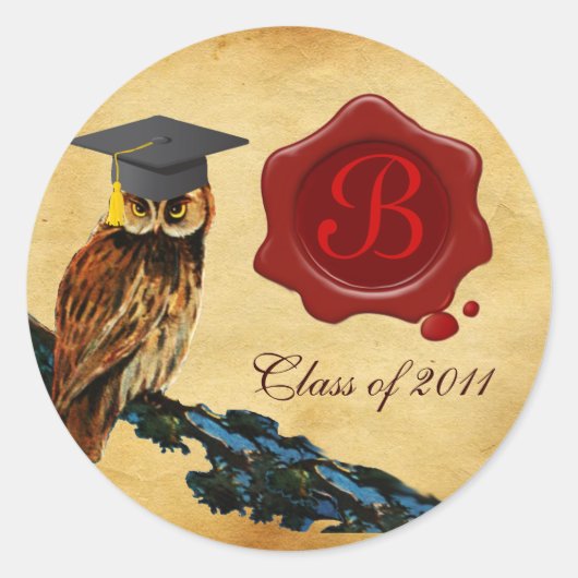 AFSTUDEREN OWL PARCHMENT EN RODE WAX SEAL MONOGRAM RONDE STICKER (Voorkant)