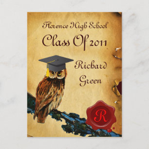 AFSTUDEREN OWL PARCHMENT EN RODE WAX SEAL MONOGRAM UITNODIGING BRIEFKAART