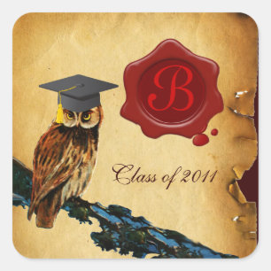 AFSTUDEREN OWL PARCHMENT EN RODE WAX SEAL MONOGRAM VIERKANTE STICKER