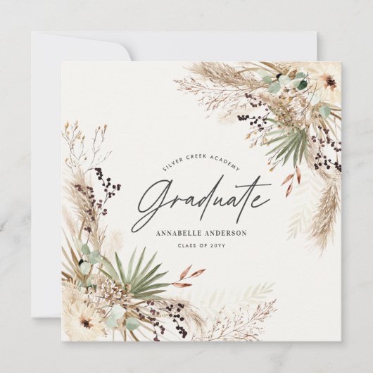 Afstuderen pampas eucalyptus elegant script kaart (Voorkant)