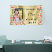 Afstuderen Peach Pink Flowers Gold Satin Diamonds Spandoek (Beurs)