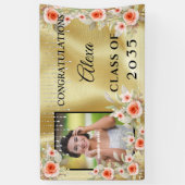 Afstuderen Peach Pink Flowers Gold Satin Diamonds Spandoek (Verticaal)