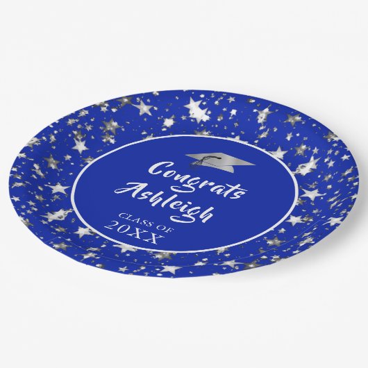 Afstuderen penseelscript Silver Stars Royal Blue Papieren Bordje (Gekanteld)