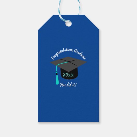 Afstuderen Pet en jaar gepersonaliseerd blauw Labe Cadeaulabel (Voorkant)