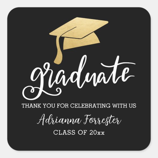 Afstuderen Pet Faux Gold Folie Casual Script Vierkante Sticker (Voorkant)