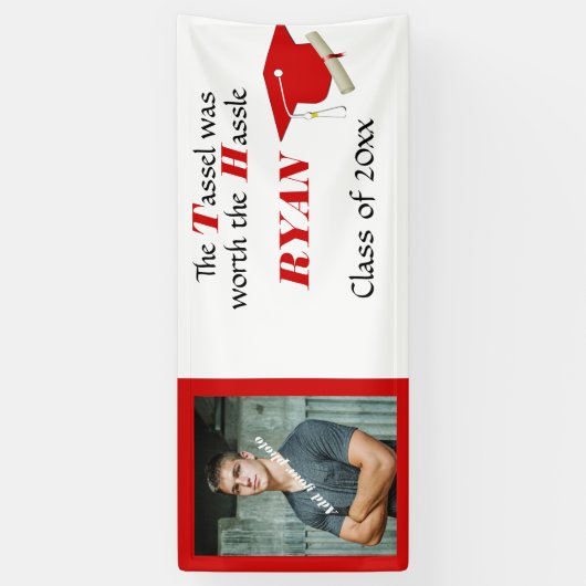 Afstuderen, Pet & kwastje, Rood en Wit Spandoek (Verticaal)