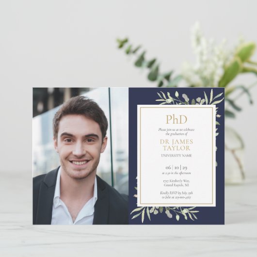 Afstuderen PhD-graad Navy Blue Greenery Kaart (Staand voorkant)