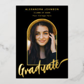 Afstuderen Photo Arch Stijlvol Script Zwart Goud Folie Uitnodiging (Voorkant)