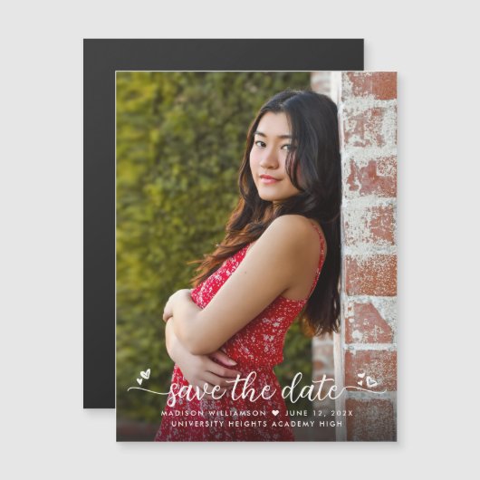 Afstuderen Photo Save Date Script Hearts Modern Magnetische Uitnodiging (Voorkant / Achterkant)