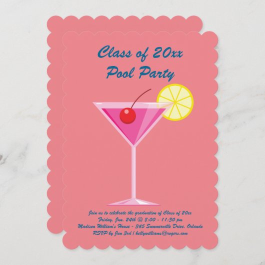Afstuderen Pool Party Invitation in Coral Kaart (Voorkant / Achterkant)