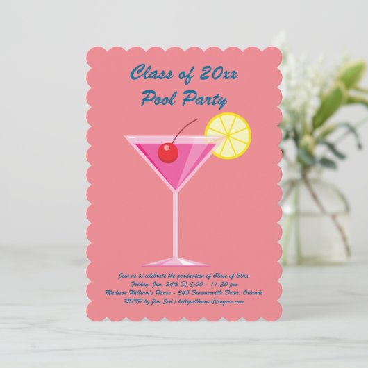 Afstuderen Pool Party Invitation in Coral Kaart (Staand voorkant)