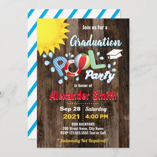 Afstuderen Pool Party Rustic Uitnodiging (Voorkant / Achterkant)