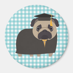 Afstuderen Pug op blauw en wit Gingham-ontwerp Magneet