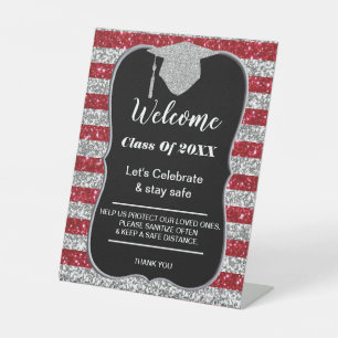Afstuderen Red Silver Stripes Party veiligheid Reclamebord Met Voetstuk