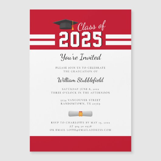 Afstuderen rood wit eenvoudig modern Afstuderen Magnetische Uitnodiging (Voorkant)