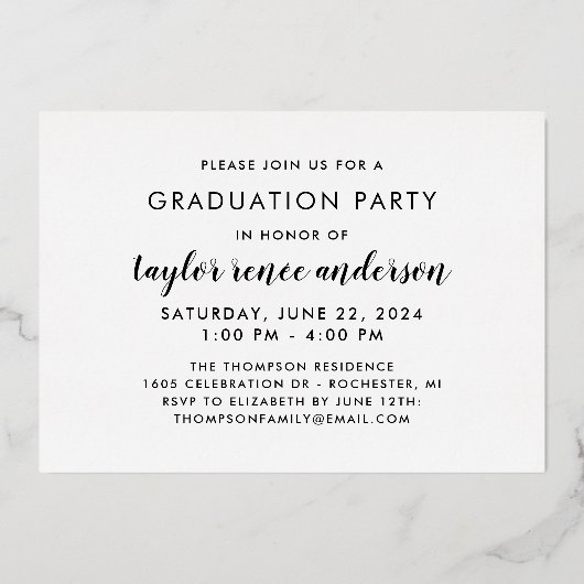 Afstuderen Roos Gold Modern Script Afstuderen Foto Folie Uitnodiging (Achterkant)