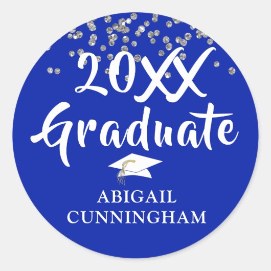 Afstuderen Royal Blue Confetti Brush Hand Letterte Ronde Sticker (Voorkant)