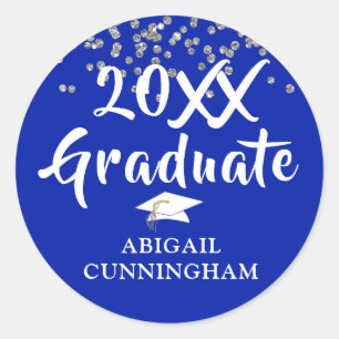 Afstuderen Royal Blue Confetti Brush Hand Letterte Ronde Sticker