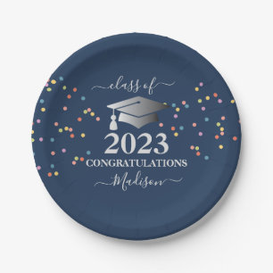 Afstuderen Royal Blue Confetti Silver initiaal Papieren Bordje