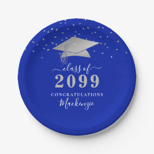 Afstuderen Royal Blue Silver Confetti Script Papieren Bordje