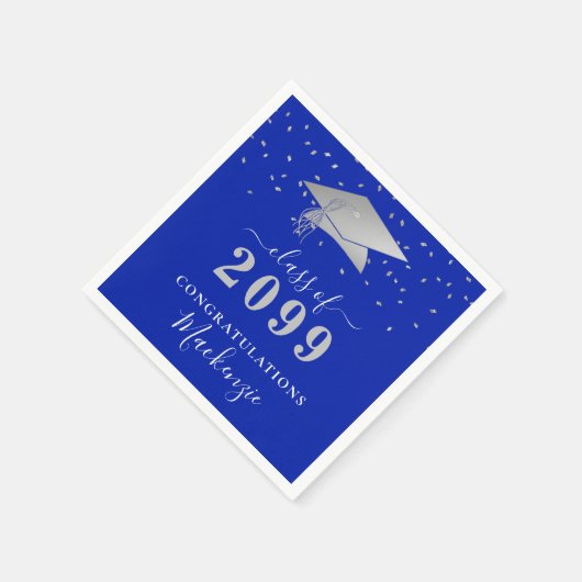 Afstuderen Royal Blue Silver Confetti Script Servet (Hoek)