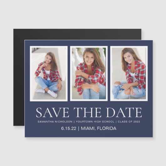 Afstuderen Save Date 4 Photo Navy Blue White Magnetische Uitnodiging (Voorkant / Achterkant)