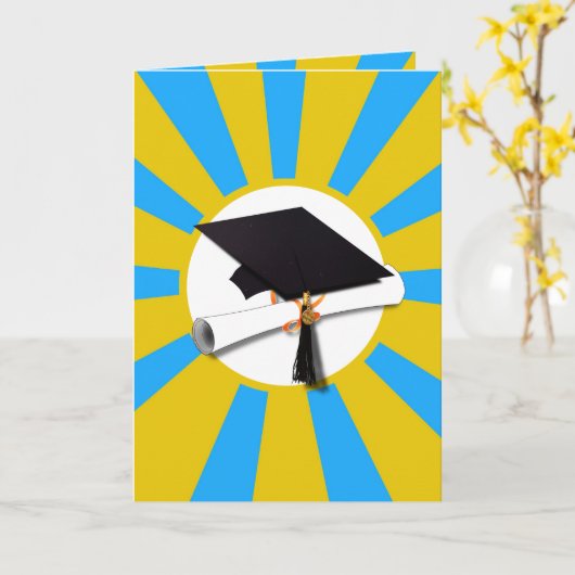 Afstuderen-schoolkleuren blauw en goud kaart (Gele Bloem)