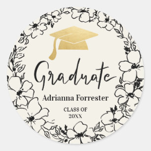 Afstuderen script   Afstudeerder Pet Gold Floral Ronde Sticker