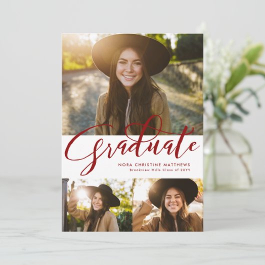 Afstuderen script drie foto rood afstuderen kaart (Staand voorkant)