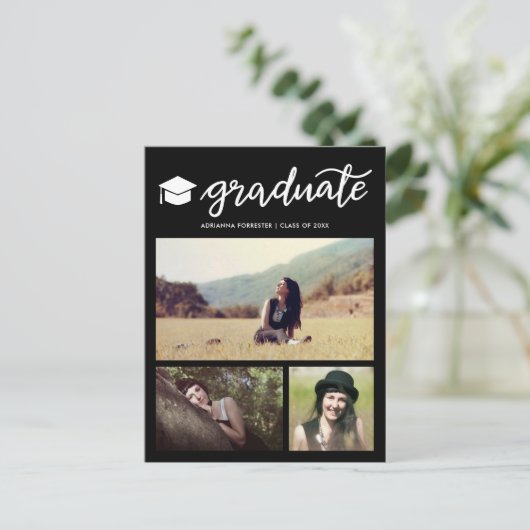 Afstuderen Script Zwart Afstuderen Fotocollage Uitnodiging Briefkaart (Staand voorkant)