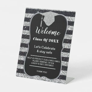 Afstuderen Silver Black Stripes Party-veiligheid Reclamebord Met Voetstuk