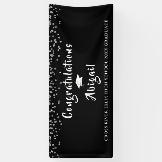 Afstuderen Silver Confetti Brush Script Zwart Spandoek (Verticaal)