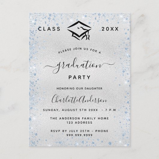 Afstuderen Silver Light Blue Uitnodiging Briefkaart (Voorkant)