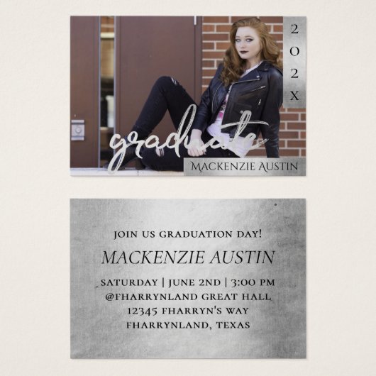 Afstuderen Silver-script | Penseelfoto aankondigin Visitekaartje (Voorkant /achterkant)