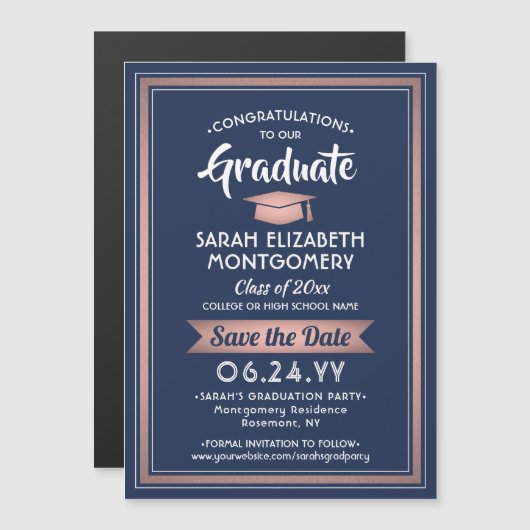 Afstuderen Sparen de Datum Blauwe Roze Rozenrood G Magnetische Uitnodiging (Voorkant / Achterkant)