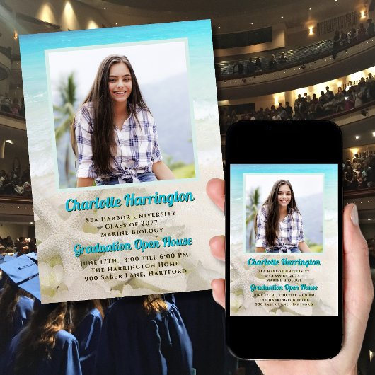 Afstuderen Starfish Zee n Sand Fotoaankondiging Kaart