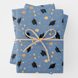 Afstuderen Thema met Pet, Diploma, Ballonnen Blauw Inpakpapier Vel