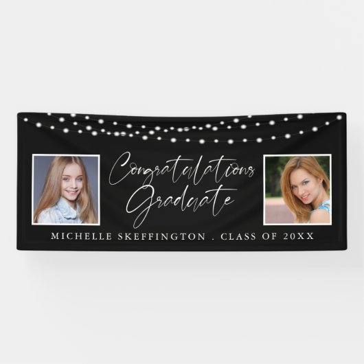 Afstuderen Toen en Nu Foto's String Lights Zwart Spandoek (Horizontaal)