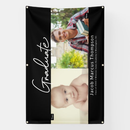 Afstuderen Toen en Nu Man Afstudeerder Custom foto Spandoek (Verticaal)